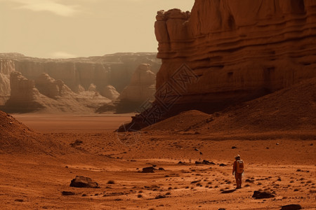 岩层剖面探险家穿越广阔的火星场景插画