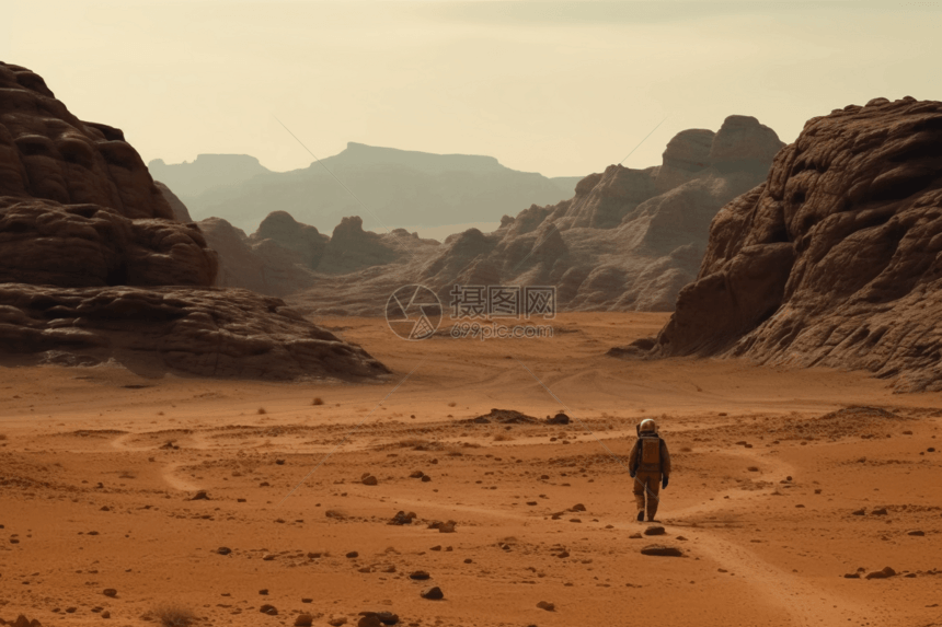 探险家穿越广阔的火星景观图片