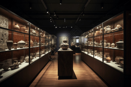 中式古展览馆的陶瓷文物背景