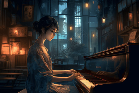 晚间表演钢琴的女孩图片