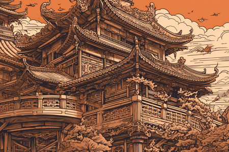 浮世绘中国建筑背景图片