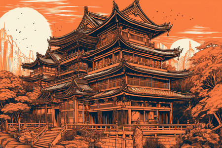 中国祠堂浮世绘风格背景图片