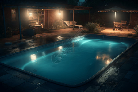 别墅后院夜晚的安静游泳池插画