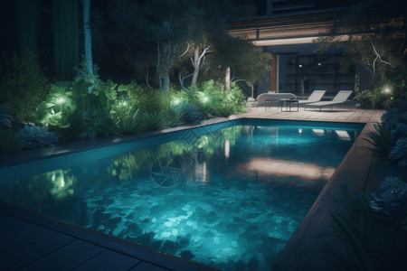 别墅后院带有灯光的泳池插画