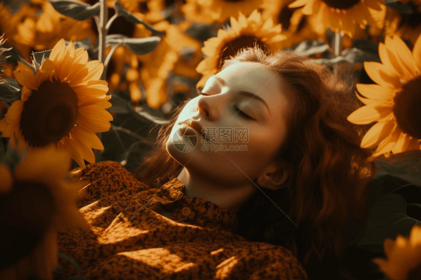 女人安逸的躺在向日葵中图片