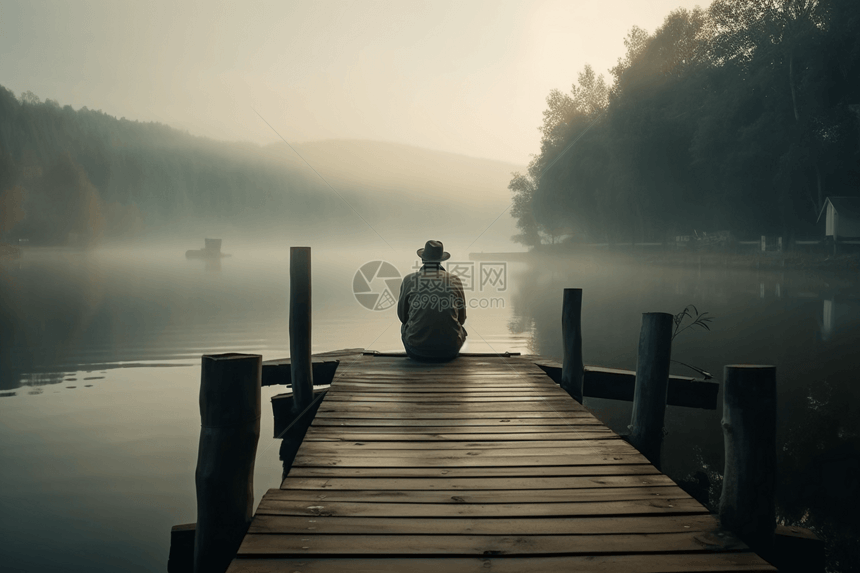 安静的坐在湖泊旁图片
