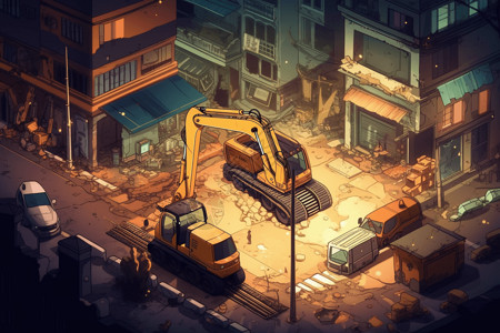 城市中的挖掘机背景图片
