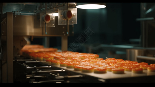新鲜蛋糕促销食品生产线中一台机器的特写设计图片