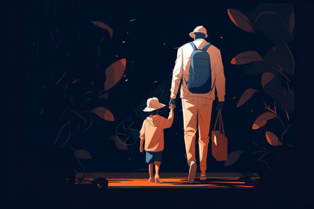 父子散步行走的父子插画