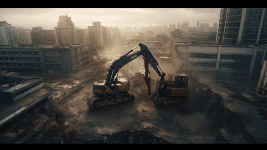 重型机械拆除建筑物渲染图背景图片