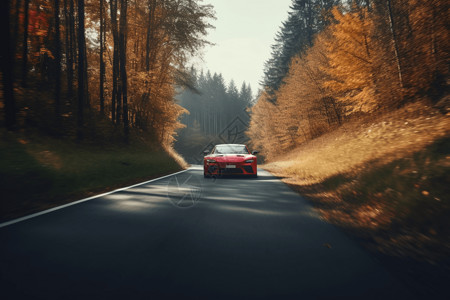 在竹林里红色跑车在乡间小路上行驶渲染图设计图片
