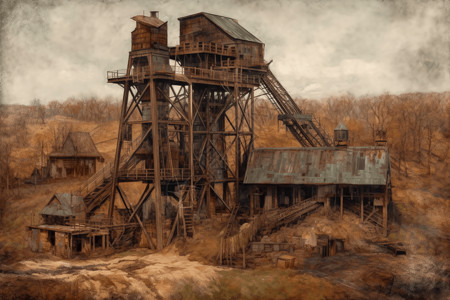 煤矿历史古迹插画图片