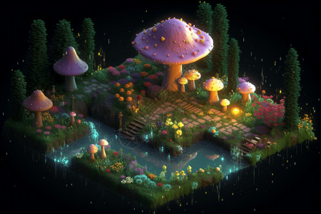 花园小道3D蘑菇精灵化童话花园插画