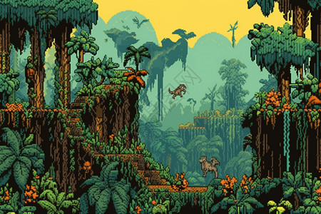 热带雨林动物像素风游戏森林场景插画