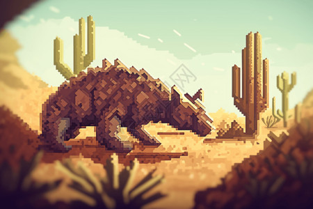 沙漠中的仙人掌背景手绘图沙漠中的像素化动物插画