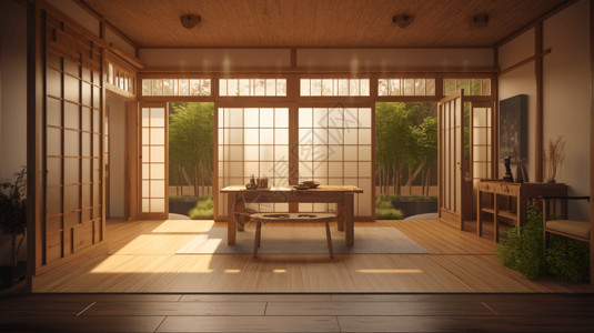 竹门木质地板的茶室背景
