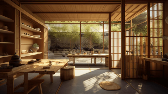 竹纹纸带有格栅的茶室背景