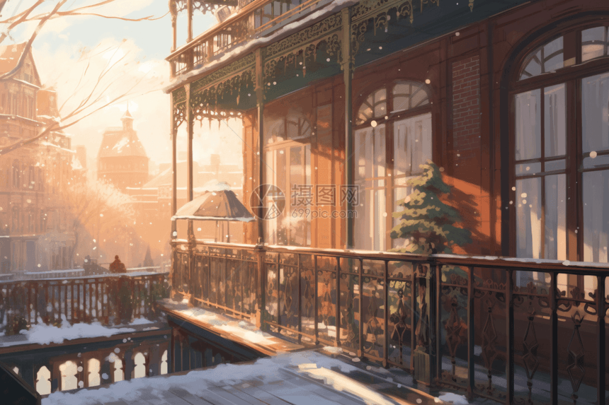 新海诚风格雪景落日的插图图片