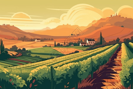 葡萄栽培学风景如画的葡萄园插画