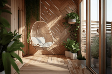 木制支撑椅室内设计小阳台吊椅背景