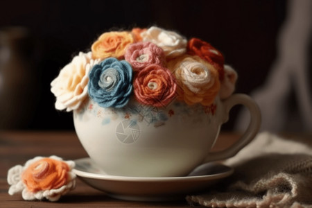 工艺品毛线摆件毛毡花与茶杯背景