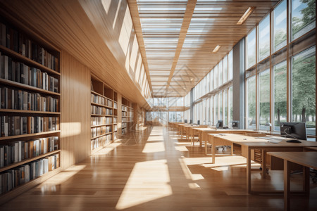 瓦房顶图书馆书架和落地窗前的座椅设计图片