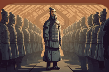 秦始皇站在兵马俑博里背景图片