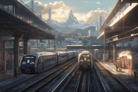 现代高速火车飞驰的火车站背景图片