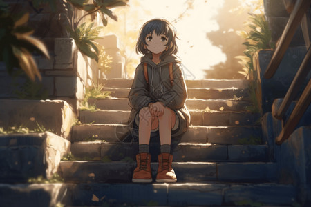 一个可爱的卡通女孩坐在石阶上图片