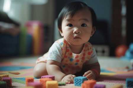 可爱的亚洲宝宝玩玩具背景图片