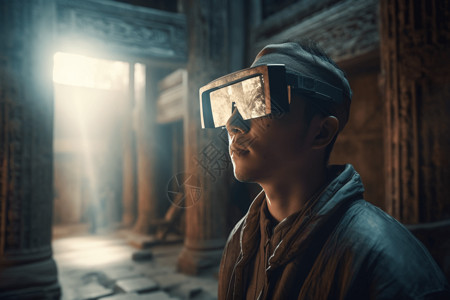 超现实技术戴着AR眼镜探索寺庙文物背景