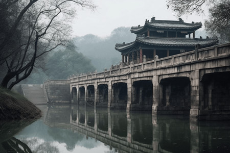 跨湖桥遗址博物馆一座被中国古代遗址包围的桥梁插画