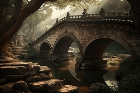园徽设计素材中国园林中的古老石桥插画