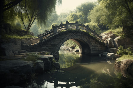 园徽设计素材园林中的小桥流水插画