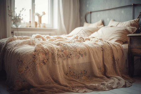 床罩卧室中的精致复古床品背景