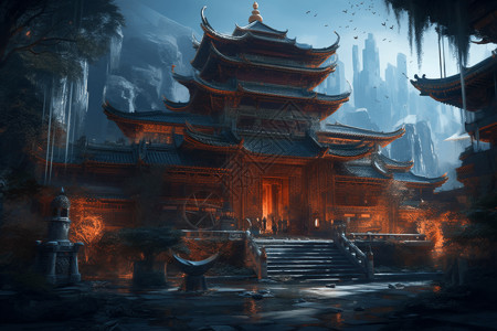 中国寺庙建筑电影插图背景图片