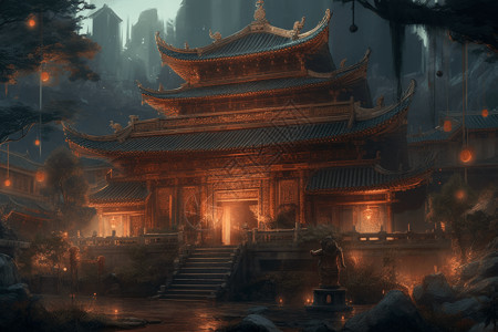 寺庙中式建筑插图背景图片