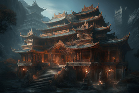 中国寺庙建筑插图背景图片