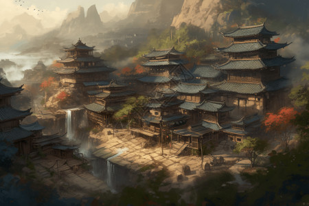 中国古代城市山上的中国建筑插画