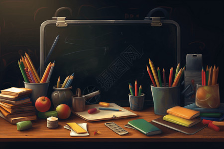 木桌上的学习工具背景图片