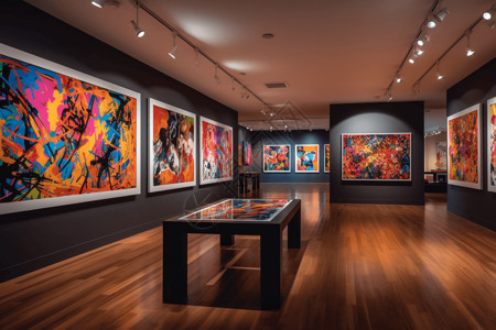 多色图形具有明亮的霓虹灯色和大胆的图形设计的当代画廊，其特色是挑战观众感知的现代艺术作品。，高清背景