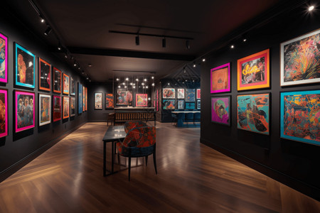 多色图形具有明亮的霓虹灯色和大胆的图形设计的当代画廊，其特色是挑战观众感知的现代艺术作品。，高清背景