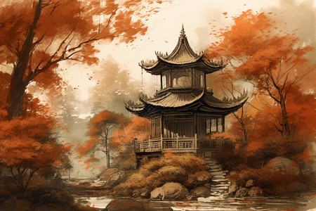 枫叶环绕的中国建筑背景图片