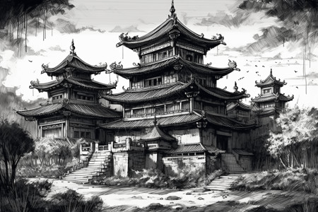 中国木质阁楼建筑插画