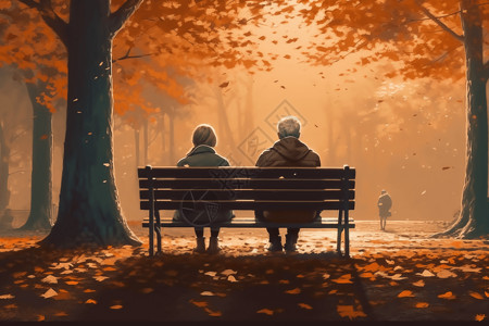 秋天公园里的长椅秋天公园里的夫妇插画