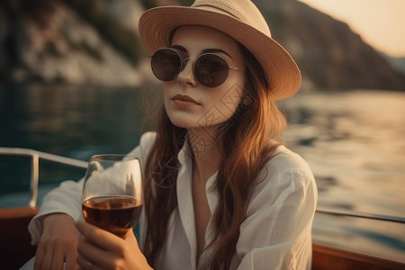 船上喝着酒的女孩图片