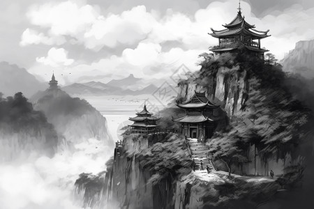 云海里的中国建筑插画图片