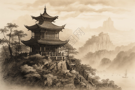 太平山顶俯瞰云海里的中国水墨风宫殿插画