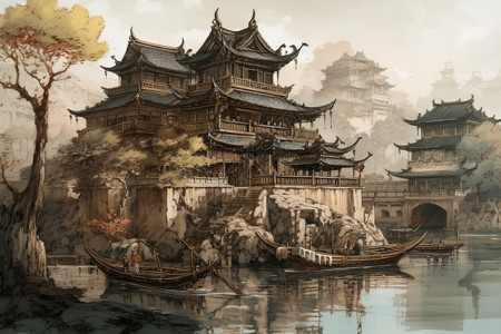 中国建筑精美精美的中国宫殿水墨画插画