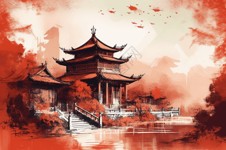 水墨画风格的中国宫殿背景图片